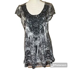 One World Tunic Semi Sheer Black & White Embellished Size Medium EUC